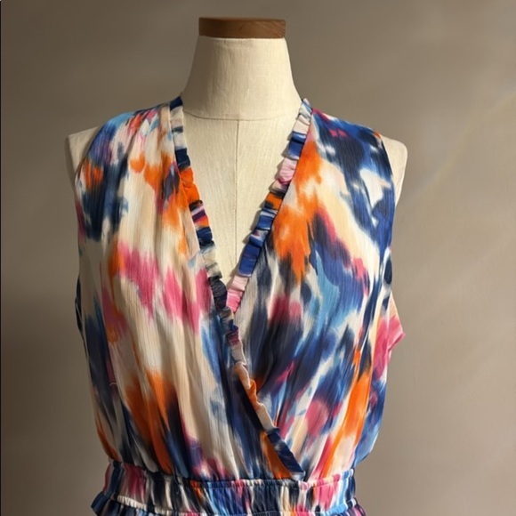 London Times Multicolor water colors tie dye Maxi Dress sleeveless faux wrap 12 - Picture 4 of 15